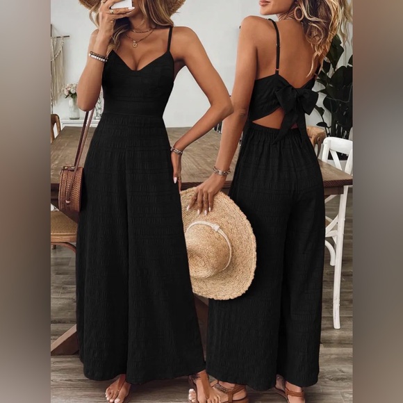 The Real Clean Company Pants - Elegant Bow Jumpsuit Wide Leg Boutique New Black